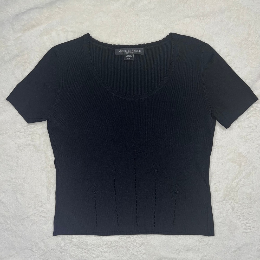 Michelle Nicole Petite Black Ribbed Knit Short Sleeve Top‎ Beaded Detail PXL